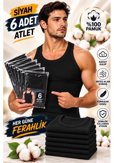 Trendybee Gümüş- Erkek Siyah Atlet 6'lı Paket Özel Kutusunda %100 Pamuk Rahat Ve Şık Tasarım