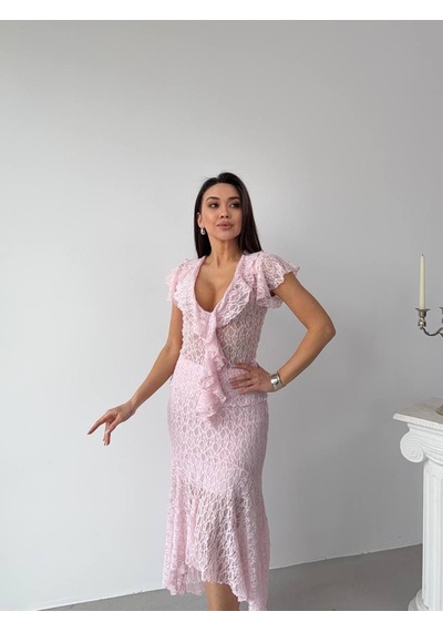 Elaxi Kadın Kısa Kollu Fırfır Detaylı V Yaka Dantel Bluz Pembe