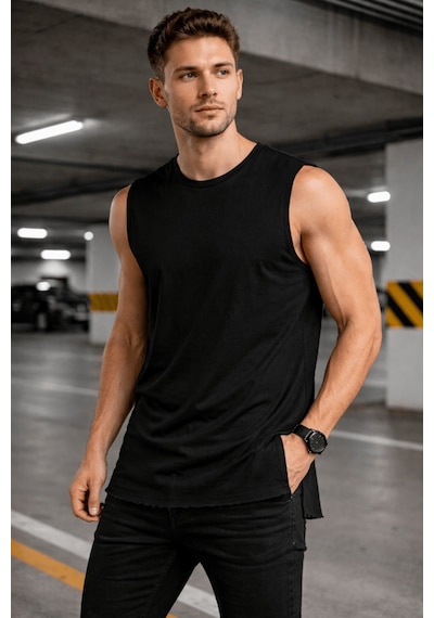 Erkek Kolsuz Regular Fit Basic Atlet Yan Yırtmaçlı Pis Yaka Tişört Siyah
