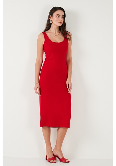 Lela Slim Fit Kalın Askılı Midi Bayan Elbise 5866154 Kırmızı
