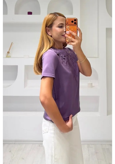 Fiolin Soft Touch Modal Kumaş Nakışlı Lazer Kesim T-shirt Mor