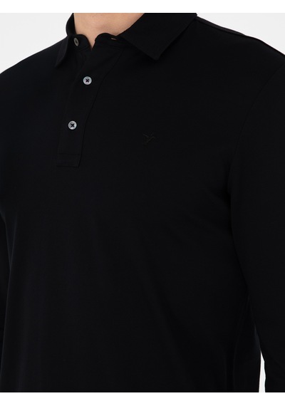 Siyah Regular Fit Polo Yaka Pamuklu Sweatshirt