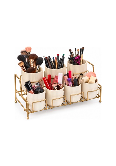 Mat Gold 7 Bölmeli Bambu Kapaklı Beyaz Renk Porselen Kavanozlu Metal Standlı Makyaj Ve Bakım Organizeri Çok Renkli
