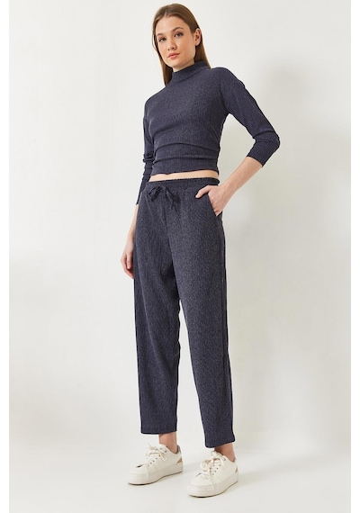 Kadın Crop Bluz Ve Beli Lastikli Pantolonlu Alt Üst Takım 60261363 - Lacivert
