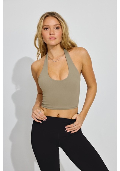 Madmext Taş Rengi Halter Yaka Boyun Askılı Crop Top Mg2456 Taş Rengi