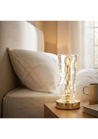 Silindirik Kristal Altın Toz Model Led Masa Lambası Gold Tabanlı, Dokunmatik, 3 Renk Işık Modlu, Şarjlı Modern Dekoratif Gece Lambası 5570 Beyaz