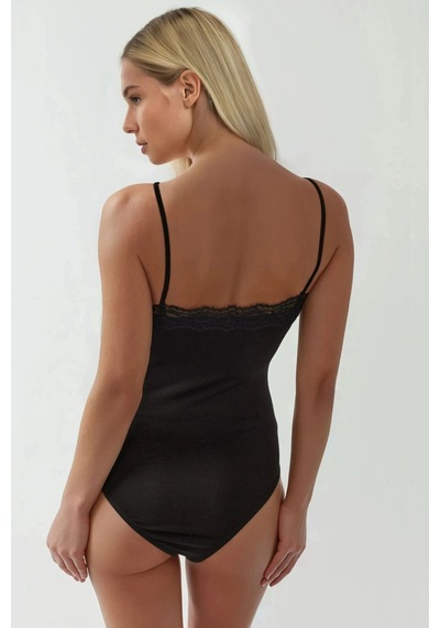 Hiccup Dantel Detaylı V Yaka Dar Kesim Bodysuit Siyah