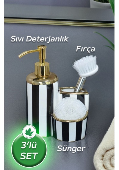 Çizgi Desenli Lüks Porselen Fırçalı Süngerli Mutfak Sıvı Sabunluk Bulaşık Deterjanlık 400ml Diğer