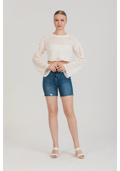 Maximodena Feminen Ajurlu Dokulu Beyaz Crop Bluz Standart Beden - Beyaz