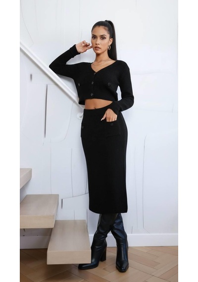 Miss Poem Kadın Siyah Hırka Etek Alt Üst İkili Takım Siyah