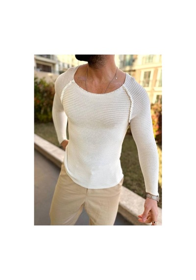 Elku Moda Kazak Slim Fit Triko Dar Kesim Geniş Yaka Yumuşak Dokulu Pamuklu Kazak Ekru