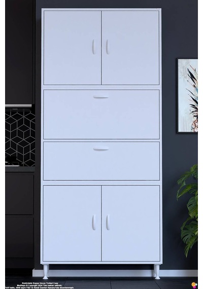 Derin 90 Cm 6 Kapaklı Çok Amaçlı Mutfak Kiler Dolabı Organizer Banyo Çocuk Odası Boy Dolabı Beyaz