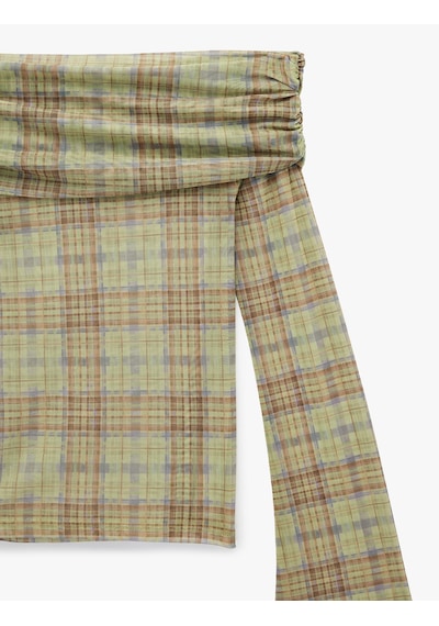 Koton Uzun Kollu Slim Fit Omzu Açık Ekose Tişört Yeşil Ekose 6wal10573ık Yeşil Ekoseli
