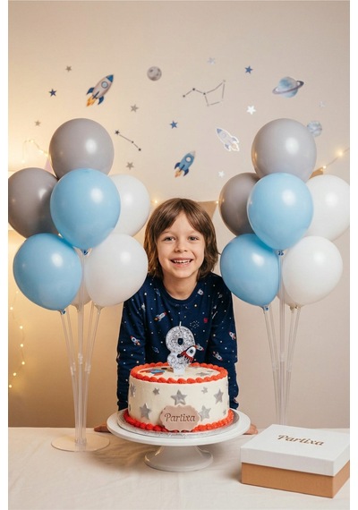 Gümüş Roket Figürlü Rakamlı Pasta Mumu Ve Masa Üstü Balon Standı Seti - Uzay Doğum Günü Süsleme Kombini Çocuk