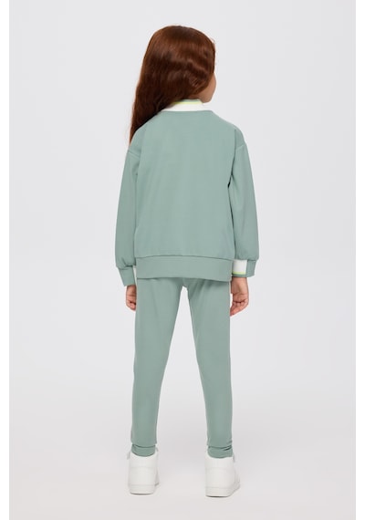 Panço Kız Çocuk Kolej Yaka Yakası Çizgili Fermuarlı Yeşil Sweatshirt