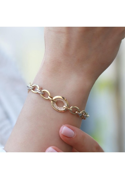 Gold Kaplama Zirkon Taşlı Halka Zincir Bileklik Gümüş