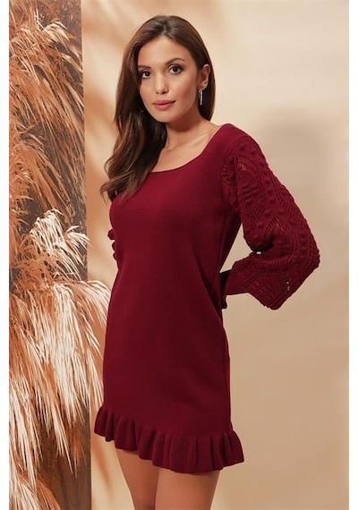 Aqe Fashion Kol Dantel Detaylı U Yaka Eteği Fırfırlı Bordo Elbise Bordo