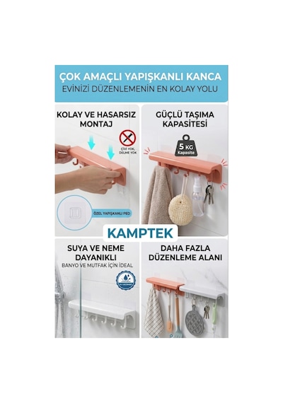 Kendinden Yapışkanlı Duvara Monte Bıçaklık Ve Mutfak Düzenleyici Organizer - Bıçak Yuvalı, 5 Kancalı Askı Aparatı Renkli