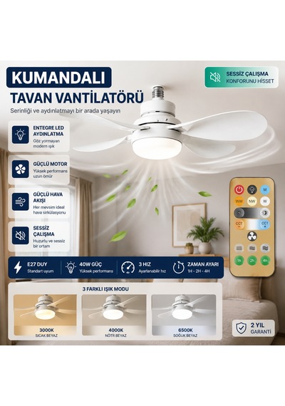 Kumandalı Tavan Vantilatörü E27 Duy Uyumlu Led Aydınlatmalı 40w 3 Renk Işık Sessiz Fan Zaman Ayarlı