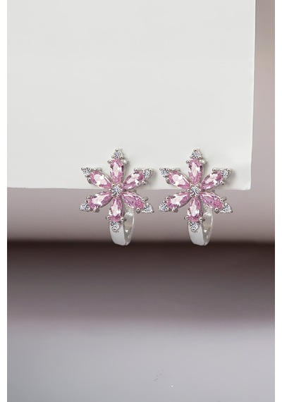 Pembe Zirkon Taşlı Rodyumlu 925 Ayar Gümüş Çiçek Küpe