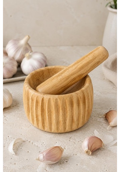 Tr Doğal Bambu Çizgili Havan Ve Tokmak Seti 11x6.5 Cm - Sarımsak Baharat Ezici Ve Öğütücü Ahşap Havan Takımı