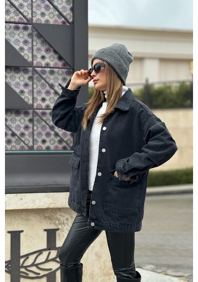 Kadın Siyah Geniş Cepli, Kaliteli Jeans Kumaş, Salaş Kot Ceket Siyah