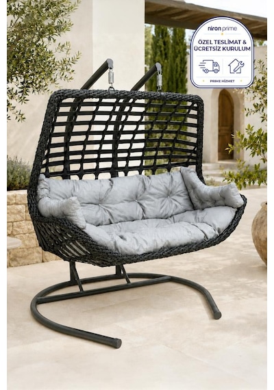 Niron Balina Çift Kişilik Rattan Bahçe Salıncağı Antrasit - Minderli Konfor