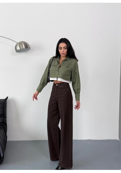 Kadın Kahverengi Baggy Jean Yüksek Bel Geniş Paça Kot Pantolon Kahverengi+baggy