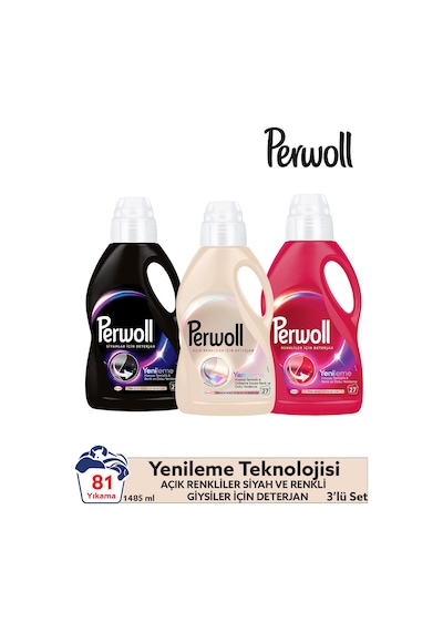 Perwoll Hassas Bakım Siyah + Renkli + Beyaz Renkliler için Sıvı Çamaşır Deterjanı 3 x 1485 ML