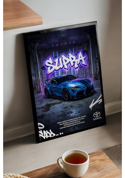 Toyota Supra Siyah Ahşap Çerçeveli Poster, Dekoratif Araba Duvar Tablosu