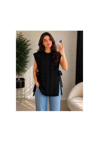 Hira Life Fashion Kadın Bisiklet Yaka Yanları Açık Bağcıklı Oversize Triko Süveter Siyah Siyah Hira Life Fashion Kadın Bisiklet Yaka Yanları Açık Bağcıklı Oversize Triko Süveter Siyah Siyah