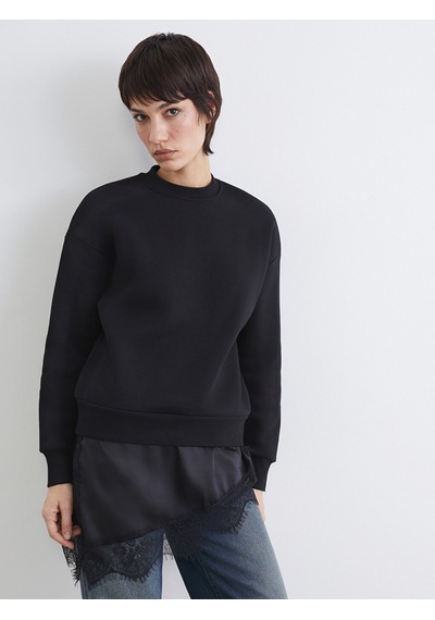Lcw Vision Siyah Dantel Detaylı Oversize Kadın Kalın Sweatshirt