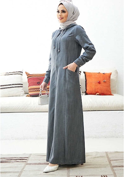 Neways 6463-Kapşonlu Denim Ferace Gri