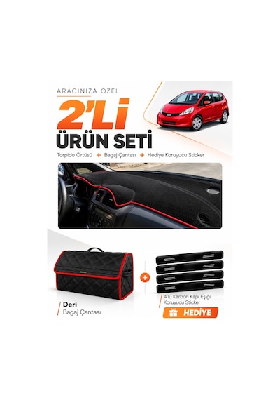 E-biz Honda Jazz 2009-2013 Uyumlu Torpido Örtüsü + Deri Bagaj Çantası Seti - Siyah-kırmızı - Ho017