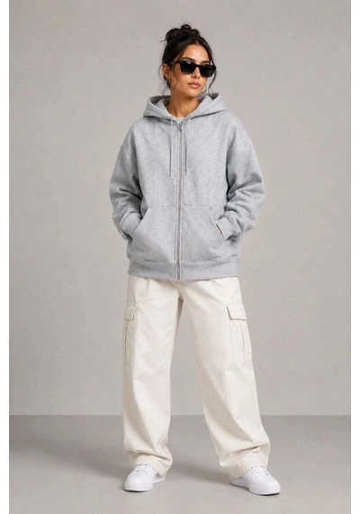 Freedom Storee Kadın 3 İplik Şardonlu Tam Fermuarlı Kapüşonlu Arka Çanta Detaylı Sweatshirt - Gri Çok Renkli