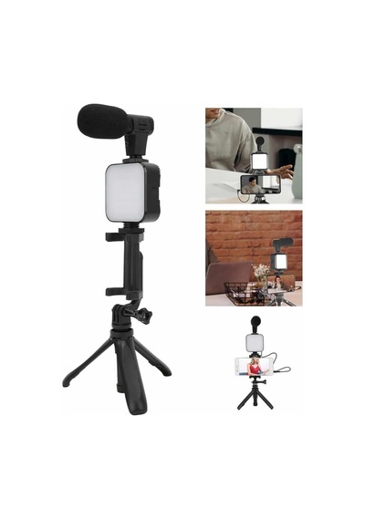 Tripod - 20 - Telefon Tutucu Kumandalı Mikrofon Led Işık Vlog - Muratech - Video Kayıt Çok Renkli