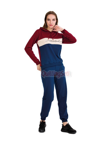 Lady Uzun Kol 22065 Kapüşonlu Ve Kanguru Cepli Lacivert Renk Kadın Spor Eşofman Takımı Lacivert - Bordo