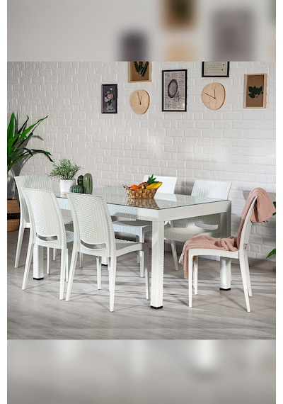 Rattan Camlı 6 Kişilik Bahçe Masa Takımı - Beyaz