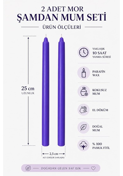 2'li Mor Şamdan Mum Seti 25 Cm Dekoratif İnce Şamdan Mum, Kokusuz Parafin Wax,%100 Pamuk Fitil, El Döküm, Uzun Diğer
