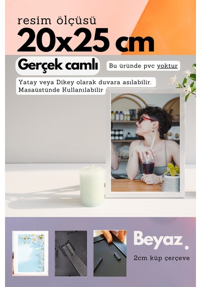 Beyaz-20mm Çerçeve Camlı 20x25 Cm Fotoğraf Resim Çerçevesi Ayaklı Veya Duvara Asma Yatay-dikey 91826724