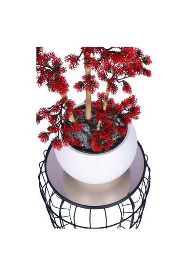 Yapay Çiçek Sitesi Beyaz Küre Saksıda Modern Minimal Tasarım Yapay Bonsai Ağacı Kırmızı 65 Cm Kırmızı