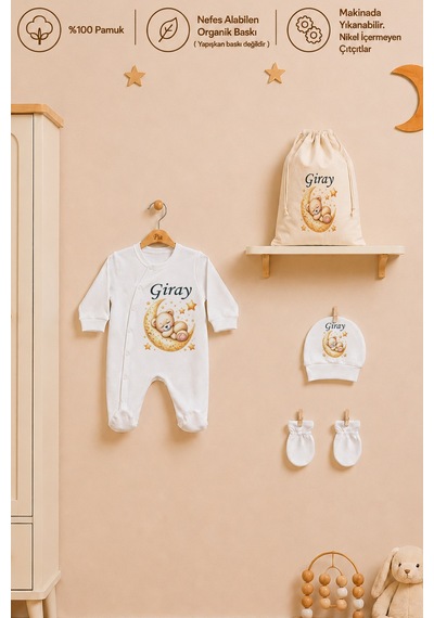 Pia Baby İsme Özel Erkek Bebek Tulum %100 Pamuk Organik Baskılı İsimli Bebek Tulumu Ham Bez Kıyafet Kesesi Bebek Hediye Seti 1064tk3x Krem
