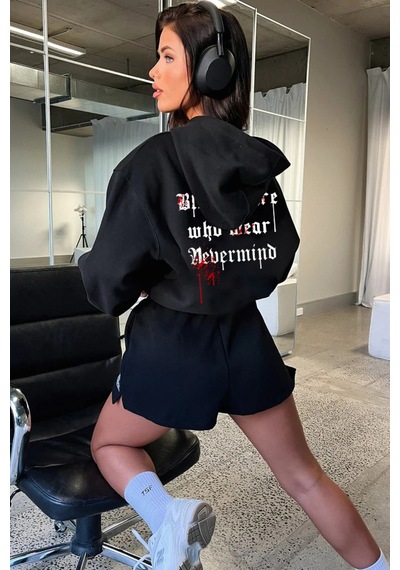 Unisex Oversize Hoodie - Blessed Tasarım Sweatshirt Siyah