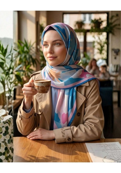 Moda Nuda Desenli Pamuk Soft Şal - İlham Serisi Mavi Pembe Kenarlı Mavi - Pembe