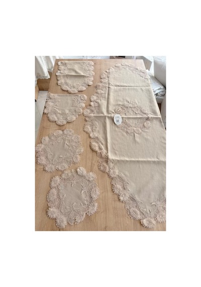 Salon Takımı Çeyizlik Kapiçino Runner Set 5 Parça Keten Masa Örtüsü Runneri Flowers Bzckh1958 Çok Renkli
