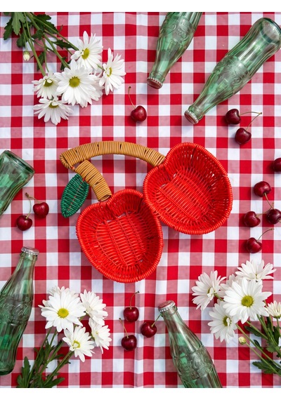 2 Gözlü Kiraz Desen Hasır Detaylı Çerezlik kırmızı