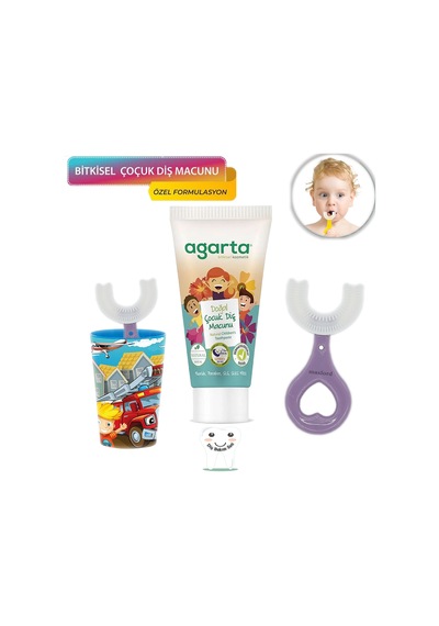 Mas Lord U Tipi Yeni Nesil Diş Fırçası Seti - Mavi Fırçalık + Mor Kalp 2-6 Yaş +Agarta Çocuk Diş Macunu
