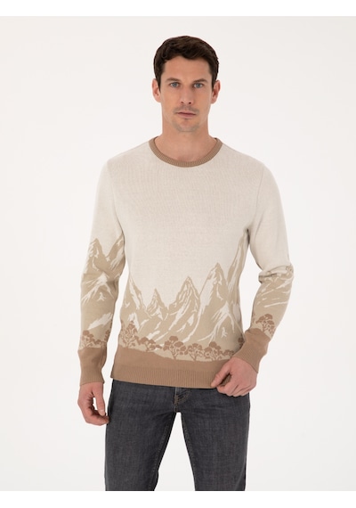 Cacharel Ekru Slim Fit %100 Pamuk Bisiklet Yaka Desenli Triko Kazak Bej