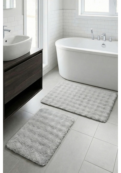 2 Li Peluş Bubble Banyo Paspas Seti 60x100+50x60 Cm Kaymaz Lateks Taban, Yumuşak Yüzey, Yıkanabilir Gri