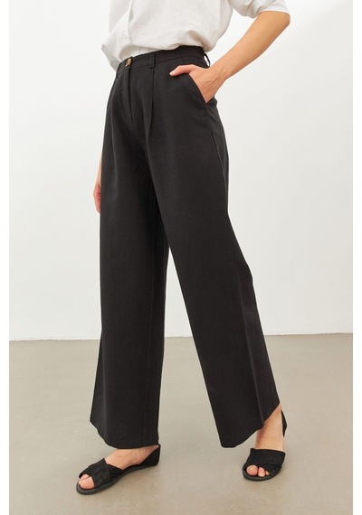 Stella Pulvis Siyah Keten Yüksek Bel Wide Leg Pantolon Siyah